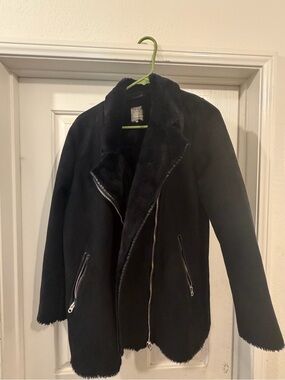 Zara Black Faux Shearling Moto Jacket - Size Large